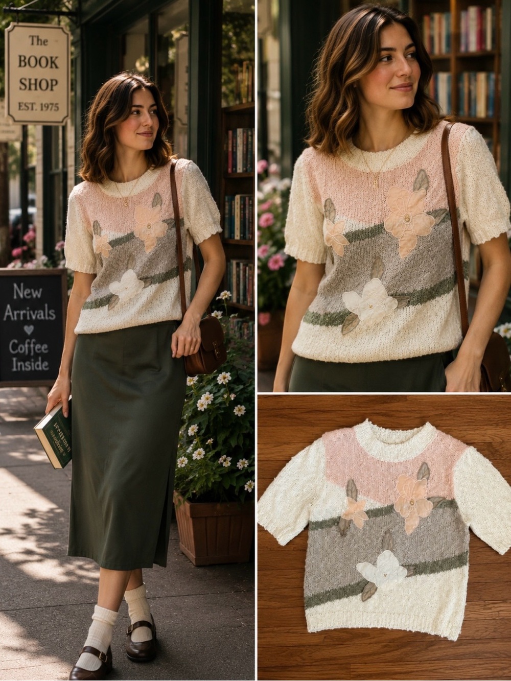 Vintage Shenanigans Floral Appliqué Nubby Art Knit Colorblock Sweater Sz L💛🎀